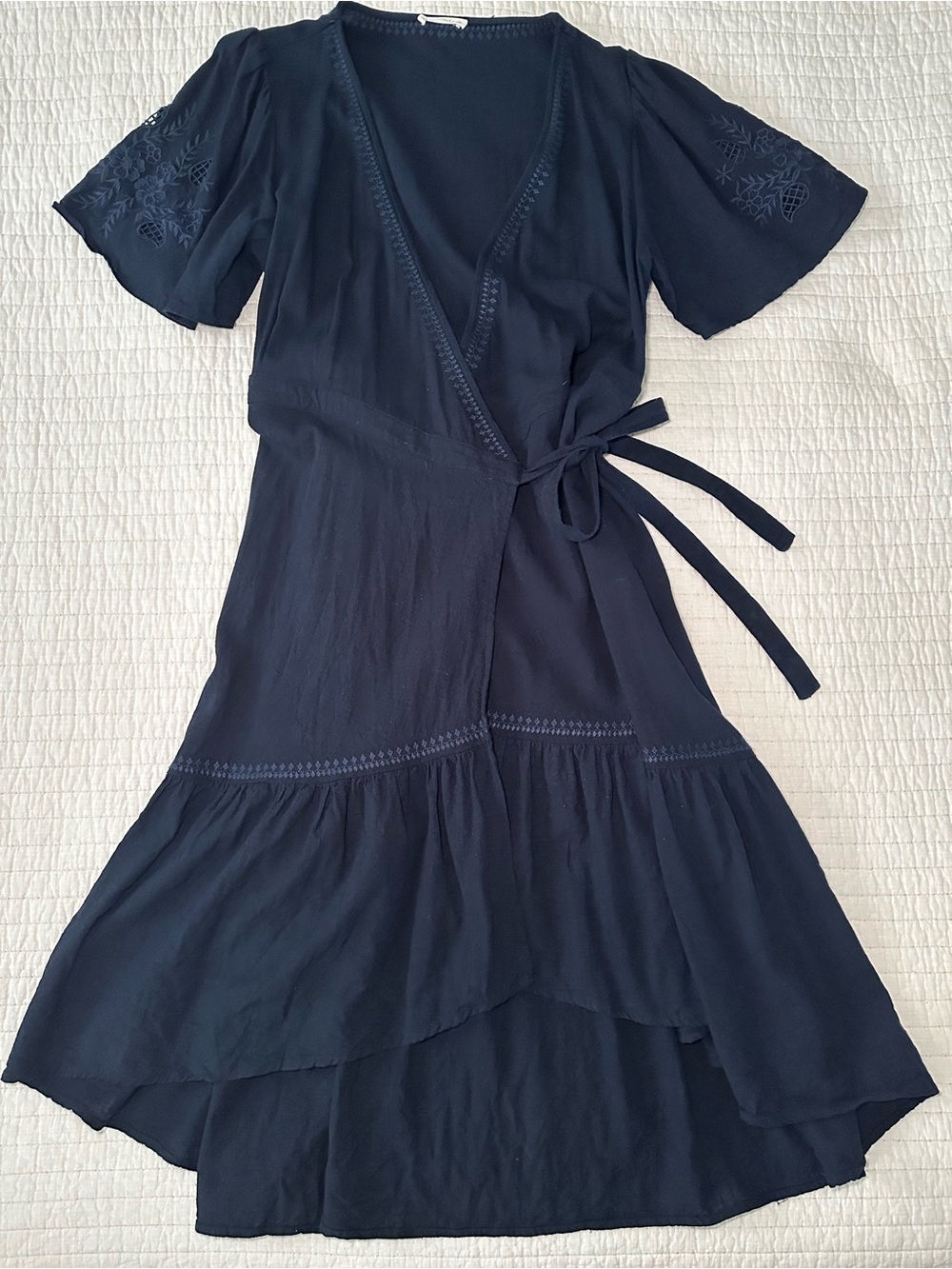 lovestitch Navy High-Low Wrap Dress with Embroidered Sleeves